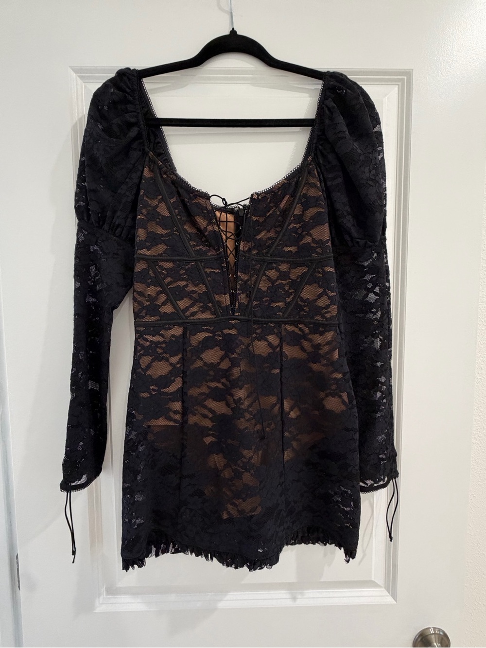 For love and Lemons Black Lace Overlay Mini Dress with Nude Lining
